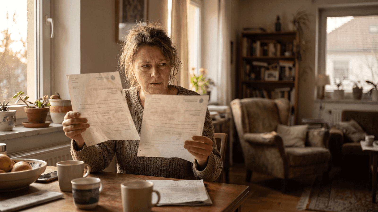 Una persona compara dos documentos distintos sobre la mesa, con gesto de duda