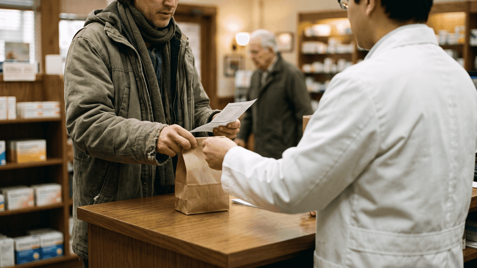 Una persona recoge una bolsa de la farmacia con una hoja de medicación en la mano