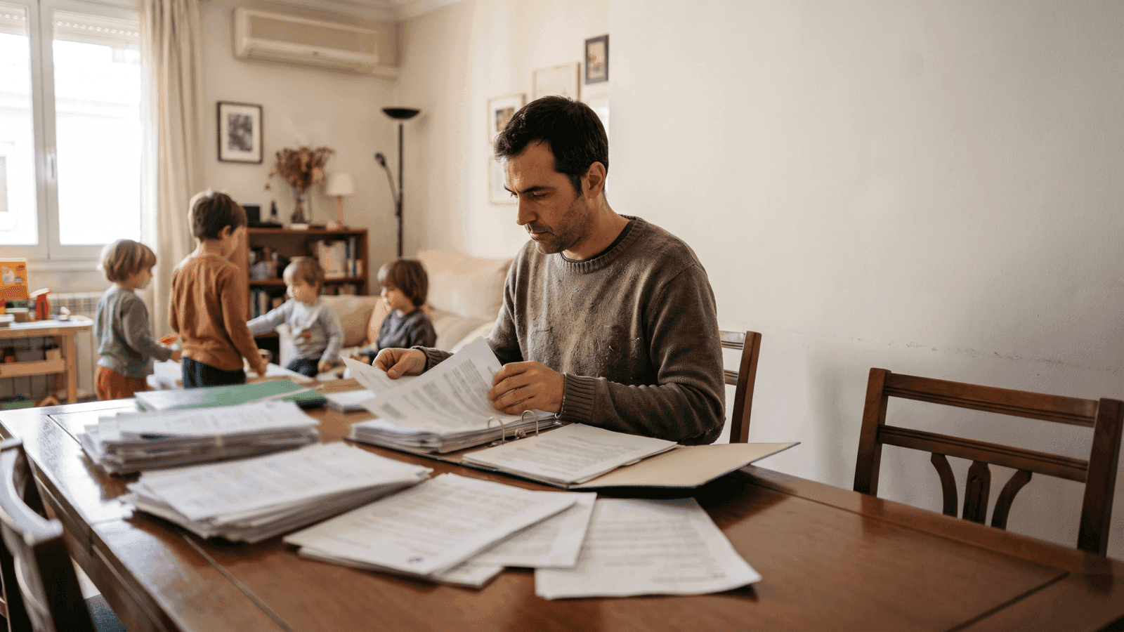Un padre clasifica montones de documentación familiar en la mesa del comedor