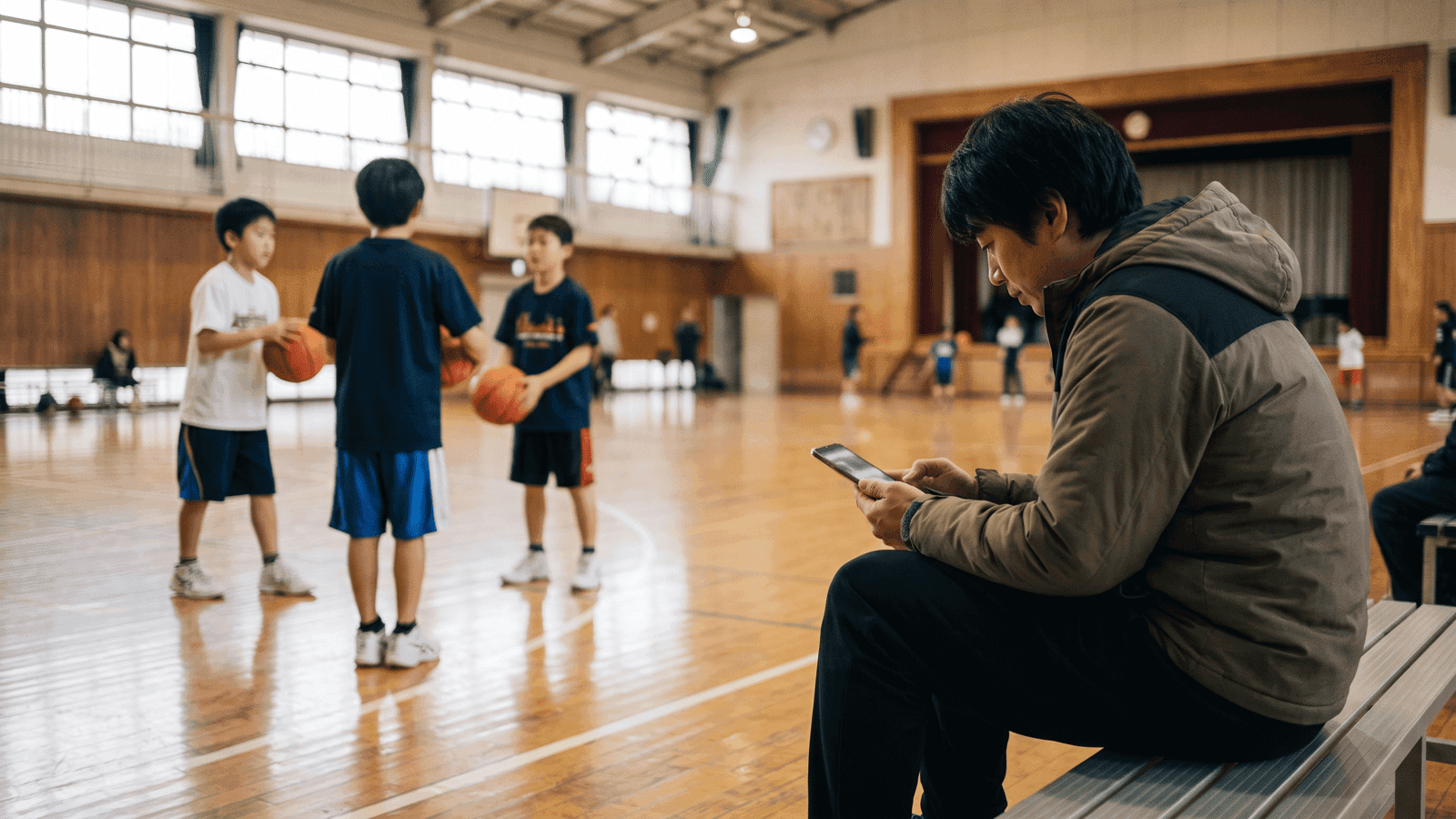 Unos niños en una actividad extraescolar mientras un padre espera consultando el móvil
