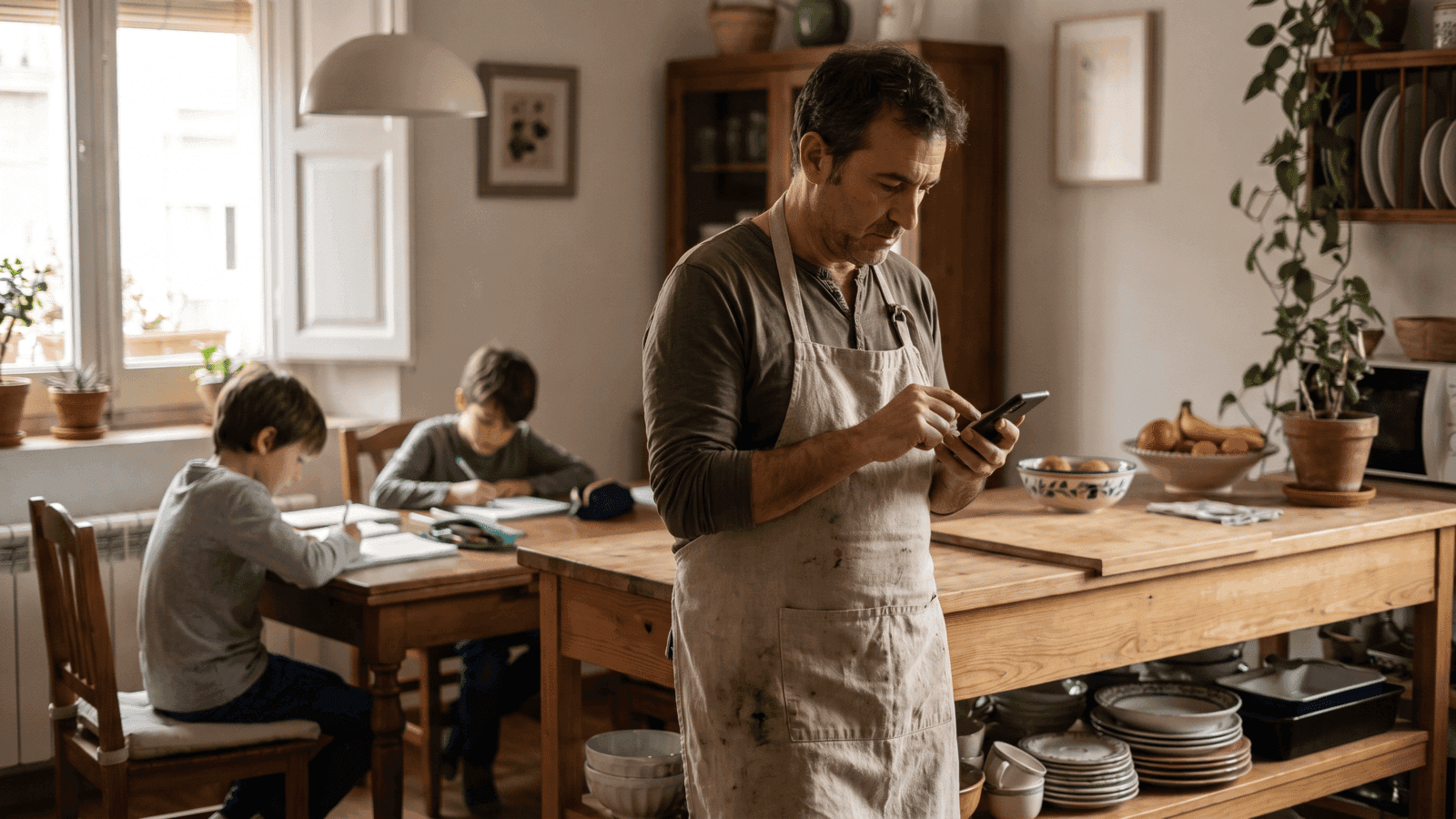 Un padre consulta el móvil en la cocina mientras sus hijos hacen los deberes detrás